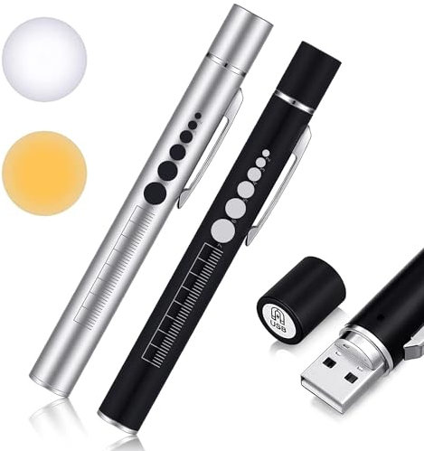 WHTOHY Torcia Penna LED 2 pezzi, USB Ricaricabile Medico Penlight Lampada Diagnostica Luci a Penna con il Calibro Della Pupilla & 2 Sorgenti LED Luce per Infermieri medico