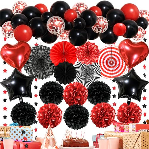 Premium Rot Schwarz Partydeko - Papier Fächer, Pompons, Luftballon, Hochzeit Party Deko, Geburtstag Party Deko, Happy Birthday Dekoration, Abschlussfeier, Mexikanische Deko Piratenparty