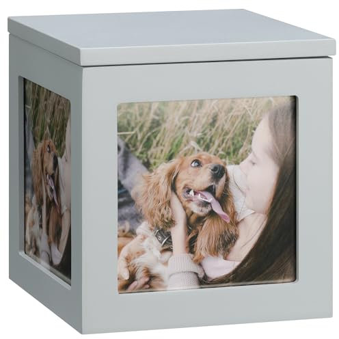 Navaris Urne für Hund oder Katze - Tierurne inkl. Platz für 3 Fotos - Hundeurne Katzenurne - Tierurnen für Hunde - Hunde Box in Grau - Erinnerung Gedenkstätten - Keepsake