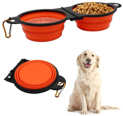 Bols Portable Pliable pour Chien, 2 in 1 Gamelle de Voyage pour Chien Extensible en Silicone avec Boucle d'Accrochage pour Les Promenades Randonnée et Les Camping