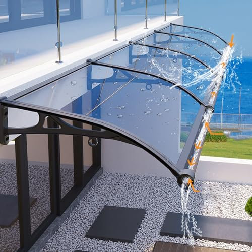 Türdach Pultbogenvordach Vordach aus Aluminium Schwarzer Ständer Durchsichtig Polycarbonat für Eingangstür Vordach Haustür Eingangsmarkise Regenschutz,Automatische Entwässerung (100 x 160 cm)