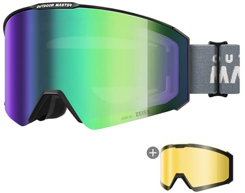 OutdoorMaster Falcon Ski Goggles Lens by ZEISS, OTG Snowboard Goggles Anti-Fog, Magnetic Interchangeable Lens, Schneebrille für Männer & Frauen, Forest Green Vlt 18%