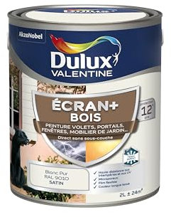 Dulux Valentine Peinture Extérieure Ecran+ Bois - Haute résistance aux intempéries et aux UV, anti-encrassement, couleur longue tenue - Blanc Pur 2 L