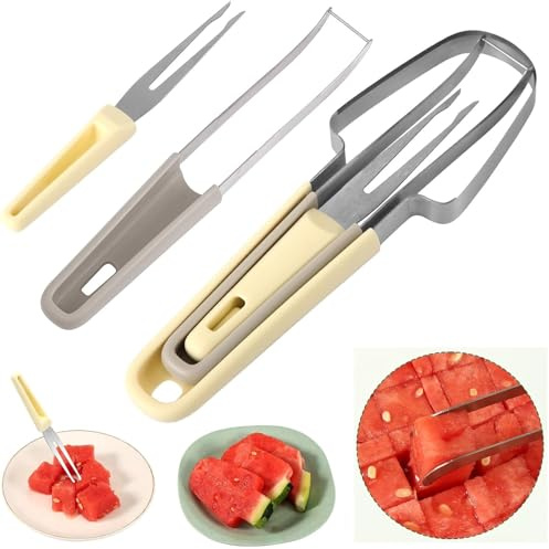 3-in-1 Watermelon Fork Slicer Cutter, 2024 Upgraded Stainless Steel Fruit Cutter Watermelon Cutter Slicer Tool Watermelon Popsicle Cutter Melon Cutter Slicer Fruit Fork for Camping Kitchen Gadgets