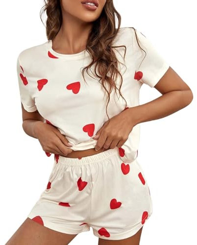 Ensemble pyjama avec t-shirt et short pour femme avec imprimé cœur - Opaque - Noir - Avec évasé, beige, S