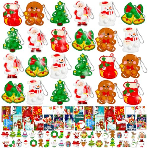 FIDWOD 24 Stück Weihnachts-Partytütenfüller für Kinder: Pop-Fidget-Spielzeug, Geschenke für Jungen und Kinder – 24 Stück Strumpffüller, Schlüsselanhänger mit 24 Karten und 50 Stück Aufklebern