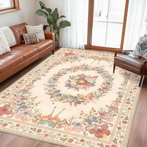 JIYEPOPO Schmetterlingsteppich für Wohnzimmer, niedriger Flor, Überwurf, Teppiche mit Gummi-Rückseite, waschbar, rutschfest, modern, große Fläche, Teppich für Schlafzimmer, Esszimmer, Beige