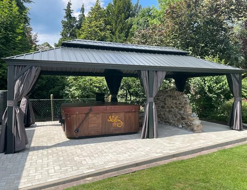 PURPLE LEAF Tonnelle de Jardin Exterieur 7,32 x 4,25 m Pergola Aluminium avec Moustiquaire et Rideaux Pavillon à Double Toit Acier Galvanisé pour pour Jardin Terrasse, Gris