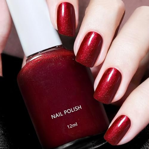Glitter Nail Polish, Wine Red Nail Varnish, Pearlescent Red Quick Dry Nail Polish, Long Lasting Chip Resistant Red Nail Polish for DIY Nail Art Manicure at Home, No Need Cure