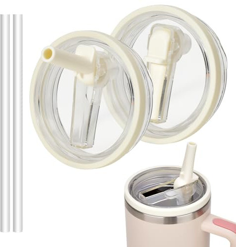 Linkgood 2 Stück für Stanley Cup Deckel Auslaufsicher, mit 2 Stück Trinkhalmen, Ersatzdeckel für Stanley 40oz Becher, Wiederverwendbarer, Deckel für Stanley Cup, Zubehör für Stanley Cup (Beige)