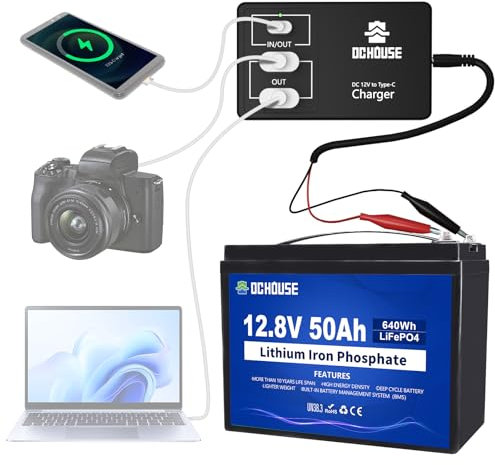 Batterie au Lithium DCHOUSE 12V 50Ah LiFePO4 avec convertisseur Adaptateur de Batterie DC 12V vers Type-C et USB, Parfaite pour Bateau, Marine, Moteur de pêche à la traîne, Camping, système Solaire