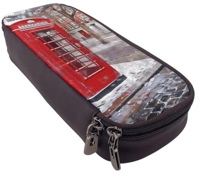 BNVSADC London Red Telephone Booth Printed PU Leather Flip Pencil Case, Cute Pencil Box Pen Bag Stationery Organizer Makeup Bag for School Office Travel