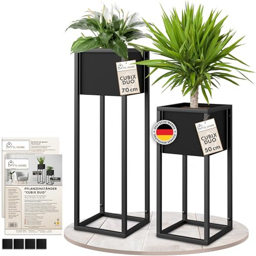 TTL HOME CUBIX DUO Juego de 2 soportes para plantas, metal negro, 50 y 70 cm de alto, soporte para macetas de diseño inoxidable, para interior y exterior