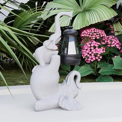 Lumières solaires de Statue de Jardin, lumières extérieures de Figurine d’éléphant en résine de 10 Pouces pour Patio, Balcon, pelouse, décoration de Cour (Blanc-1)