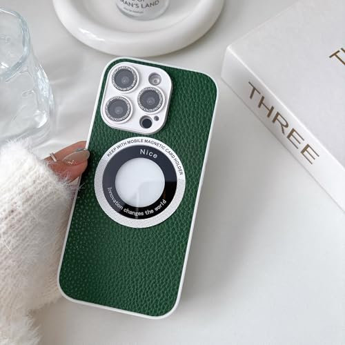 Custodia in policarbonato per Apple iPhone 11 Pro Max, con pellicola protettiva per obiettivo della fotocamera, motivo in pelle sintetica di litchi, aspirazione magnetica, verde