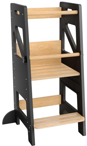 HENGMEI Lernturm Entdeckerturm aus Holz MontessoriLernturm Learning Tower 3 Fach Höhenverstellbar Küchenhelfer für Kinder mit Rutschfester Oberfläche und kippsicheren Füßen (Schwarz)
