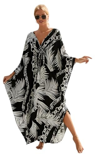 Miss Lavish London Black & White Printed Kaftan Dress with Pockets, Tropical Beach Cover Up Maxi, Plus Size Swimsuit Coverup, Resort Wear & Cruise Vacation Dress, Flowy Batwing Sleeve Kaftan - XL