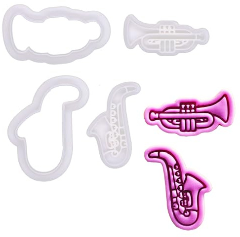 BAKERLOGY Jazz It Up – Mini 2 Ausstechform- und Präge-Set, Fondant-Ausstecher mit Prägestempel – Saxophon & Trompete Designs für musikalisches Backen, essbare Bastelarbeiten & Party-Leckereien