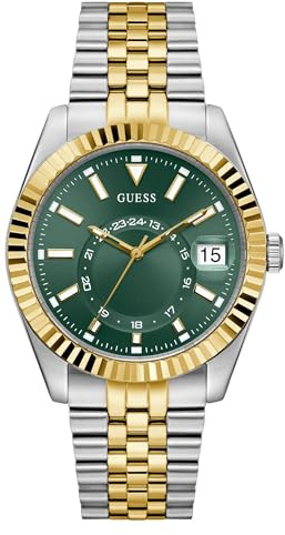 Guess Damen Armbanduhr JADEN, Silber- und goldfarbenes Edelstahlarmband, Mineral Glas, dunkelgrünes Ziffernblatt, 5 Bar, Gehäusedurchmesser: 42 mm, GW0977G4