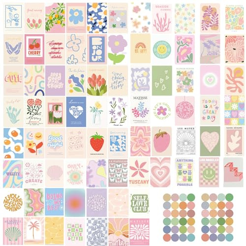 TYFYH 80Pcs Preppy Aesthetic Pink Posters & Collage Kit, Danish Pastel Wall Art Prints for Bedroom, Aesthetic Posters for Teen Girls Room Decor, Dorm Decoration (10x15cm)