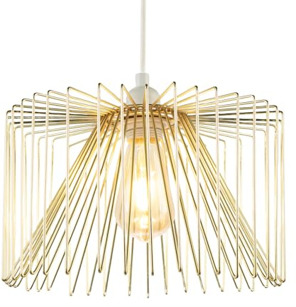 Modern Designer Circular Wire Frame Polished Gold Metal Pendant Ceiling Lighting Shade | 18cm x 30cm by Happy Homewares