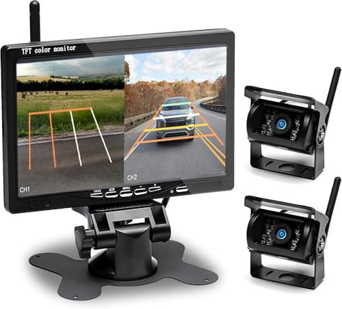 Kabellos Dual Rückfahrkamera Set HD 1080P 7'' Monitor | Zwei Weitwinkel-Rückfahrkameras, IP68 wasserdicht, 16IR Nachtsicht, für LKW/Anhänger/Bus/Van/Landwirtschaft, 12-36 Volt