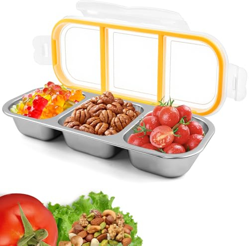 Morofme Snackbox mit Fächern, Edelstahl Snackteller mit Deckel, 3 Fächern Snackbox kinder,Staubdicht Auslaufsicher Kinder Brotdose, Bentobox Metall für Süßigkeiten Obst Nüsse Keksen für Schule Arbeit