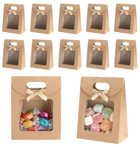 GZRXIOUS 12 Stück Geschenktüte mit Fenster, Blockbodenbeutel mit Sichtfenster aus Kraftpapier, Papiertüten mit Sichtfenster, Geschenktüten mit Sichtfenster für Kekse Pralinen Geschenke Süßigkeiten