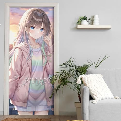 Türtapete selbstklebend | personalisiert mit Namen | 200 x 90 cm Anime Mädchen | Tür Aufkleber Poster Türfolie | Einteilig | Wasserfest 3D Türaufkleber Wandtattoo Türposter Teenager