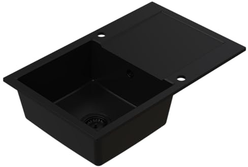 HOMEVELLO Spülbecken DIGNUM Einbecken Granitspüle 79x50x21cm Schwarz, Hochwertige Küchenspüle mit Siphon, Abtropffläche, Pflegeleicht, Kratzfest, Moderne Design, Perfekt für jede Küche