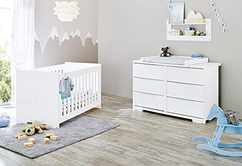 PINOLINO Kinderzimmer Möbel Spar-Set Polar extrabreit, Babybett und Wickelkommode, weiß