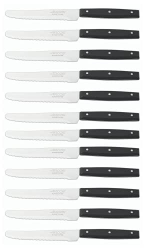 Arcos Serie Cuchillos de Mesa Caja 12 uds Cuchillo Postre, Hoja Serrada de Acero Inoxidable NITRUM de 110 mm, Mango de Nylon Color negro (12 UDS)