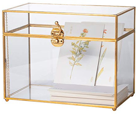 NCYP 25x14,2x19,6 cm Goldfarben Glaskarten Box, Handgefertigt Messing Vintage Rechteckige Form mit Fuß für Hochzeitseingaben, Andenken, Tafelaufsatz (nur Glasbox)