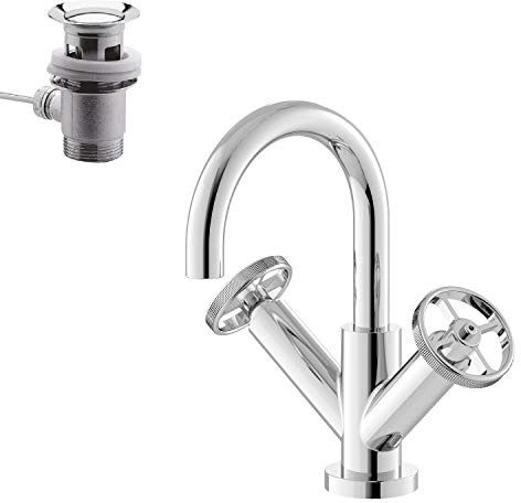Hudson Reed TIW315 Revolution ǀ Modern Bathroom Industrial Inspired Mono Basin Mixer Tap with Two Round Handles, Swivel Spout and Pop-Up Waste, 217mm x 230mm, Chrome