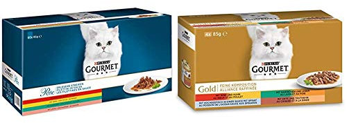 Purina GOURMET Perle Erlesene Streifen: Katzennassfutter mit Huhn, Rind, Lachs & Kaninchen, hochwertiges Katzenfutter, 60er Multipack & Gold Feine Komposition:Katzennassfutter, 12 x 4 x 85 g
