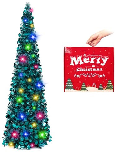 N&T NIETING 5ft Collapsible Pop Up Christmas Tree - Peacock Blue Tinsel Coastal Holiday Xmas Decorations for Home Display and Office Decor