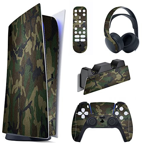 PlayVital Adesivo Skin per ps5 Console Digital Edition&Controller&Telecomando&Cuffie&Base di Ricarica,Cover Sticker Decal Vinile,Verde Militare Mimetico
