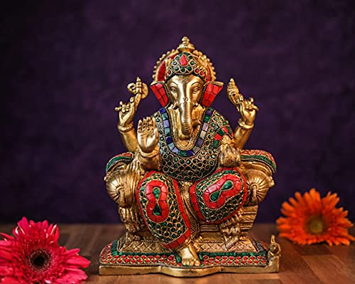SHIVAJI ARTS Ganesha-Statue aus Messing, 25 cm, großes Inlay-Werk, Ganesha-Idol, hinduistische Gottheit Gottes Glück, Vinayak Ganpati, Herr der Weisheit, Messing-Skulptur Figur