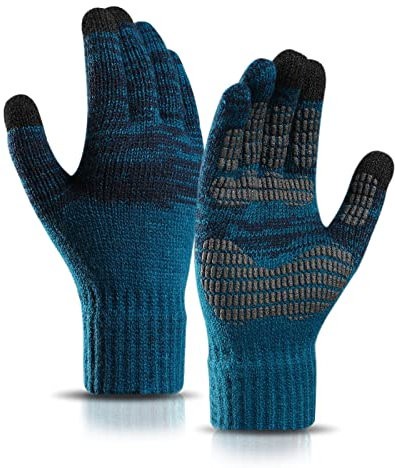 MOKANI Winter Touch Screen Gloves Men Anti-Slip Thermal Gloves Knit Mens Gloves with Silicone Particles Thickened Elastic Windproof Cuff Warm Fluff Lining for Driving Running Sport Typing, Blue