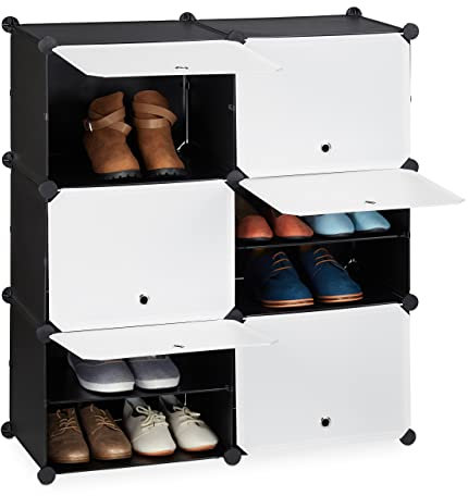Relaxdays Schuhschrank, moderner Steckschrank mit Türen, HxBxT: 95x85x32 cm, 12 Fächer, aus Kunststoff, schwarz-weiß
