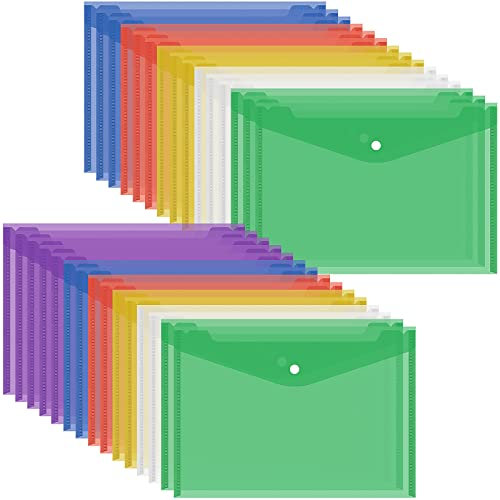 Pochette pour Documents A4, Sterneer 30 Pcs Transparentes Porte-documents, Plastique Pochette avec Bouton Pression, 6 Couleurs