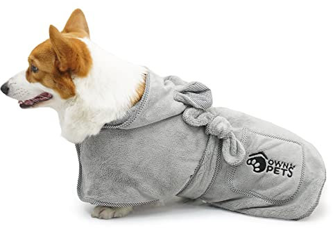 Ownpets Hundebademantel, Schnell Trocknend Frottee Badetuch, Saugfähiger Hunde Bademantel mit Klettverschluss und Verstellbares Körperband, verdickend (S | Grau)