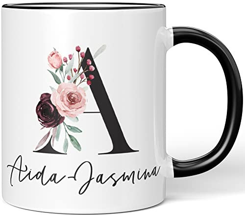 JUNIWORDS Tasse, Aida-Jasmina, Name Anfangsbuchstabe Initial Alphabet Floral Buchstabe A Monogramm Motiv, Schwarz (5552708)