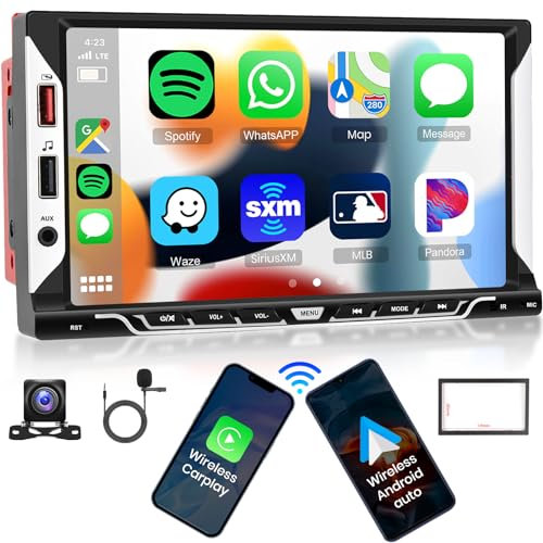 2 Din Autoradio CarPlay Wireless e Android Auto Senza Fili -Radio Touchscreen 7 Pollici con Bluetooth/Mirror Link/Radio FM/Telecamera Posteriore/SWC/USB/AUX in Lettore MP5 Autoradio Doppio Din
