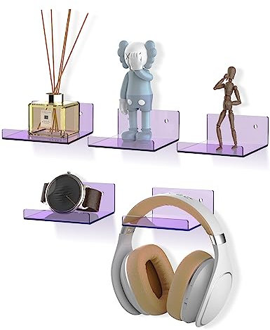 NiHome Lila Acryl schwebende Regale mit Rand, 5er-Pack, Ledge Telefonhalter – Wandmontage und Multifunktional für Heimdekoration, Badezimmer, Küche, Schlafzimmer, Büro