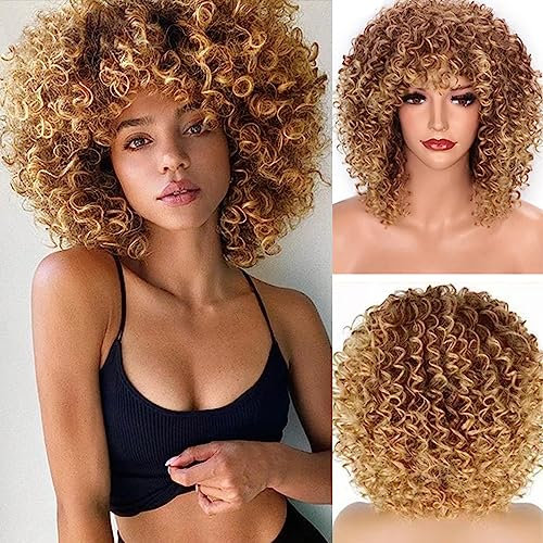 Sabosi Afro Perücke Braun Blond Brazilian Synthetische Brasilianisches Verworrene Lockige Natürliche Haar für Frauen, Kinky Curly mit Pony kurze Perücken für Schwarze Damen