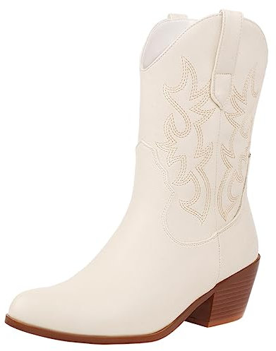 rismart Donna Western Stivali da Cowboy a Metà Polpaccio Ricamate Scarpe da Cowgirl Beige,37