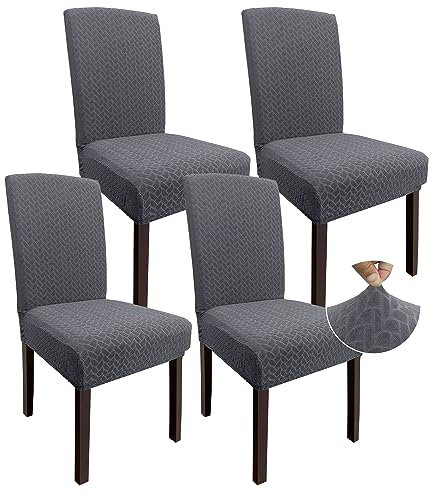 Granbest 2023 Neues Muster Super Dehnbar Dining Stuhlhussen, Verdickte Jacquard Stuhl Slipcover für Esszimmer, Waschbare Armlose Stuhl Protektoren für Kinder und Haustiere (Set von 4, Grau)