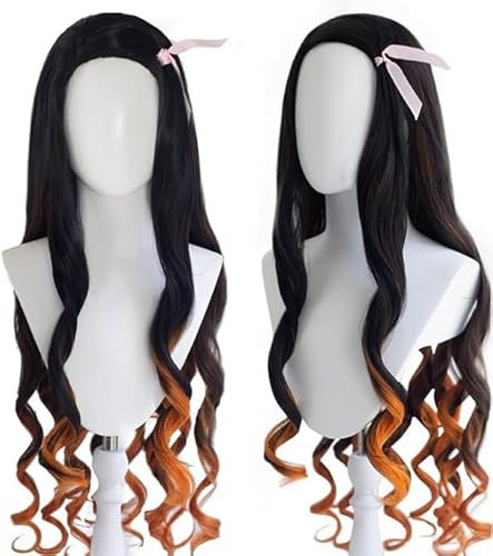 Kraja Nezuko Kamado Cosplay Perücke für Fans von Dem Halloween Party Schwarz Braun (Nezuko Kamado)