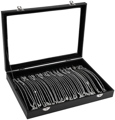 Deepton Jewellery Organiser Necklace Box, Velvet Necklace Organiser with 20 Hooks and Lockable Clear Glass Lid, Necklace Display Stand for Necklaces, Bracelets, Earrings and Anklets